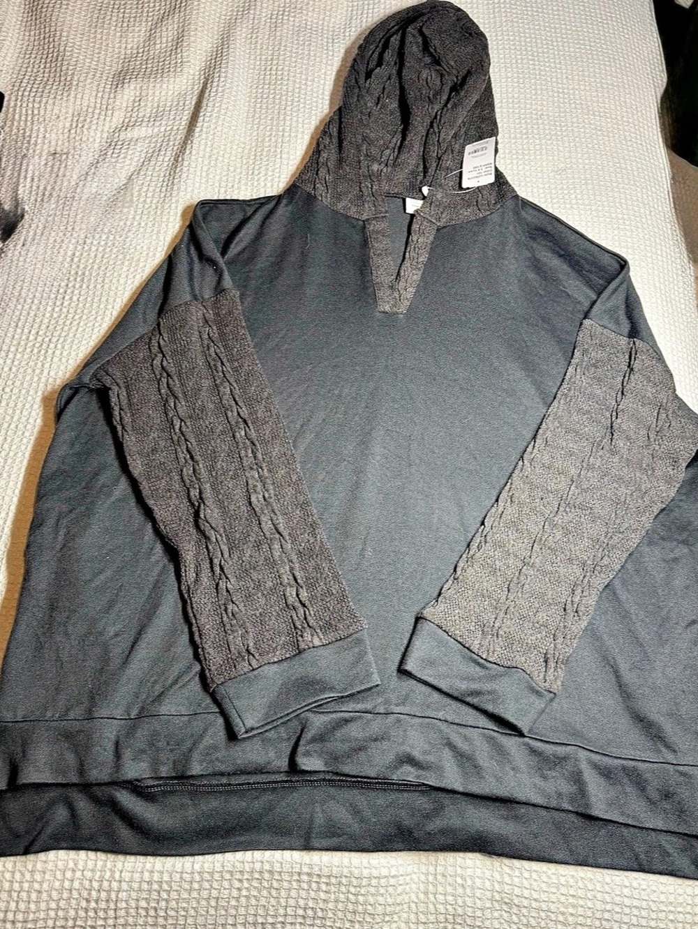 Simple Suzanne Betro Hooded Contrast Top with Cable Knit sleeves and hood. Gray